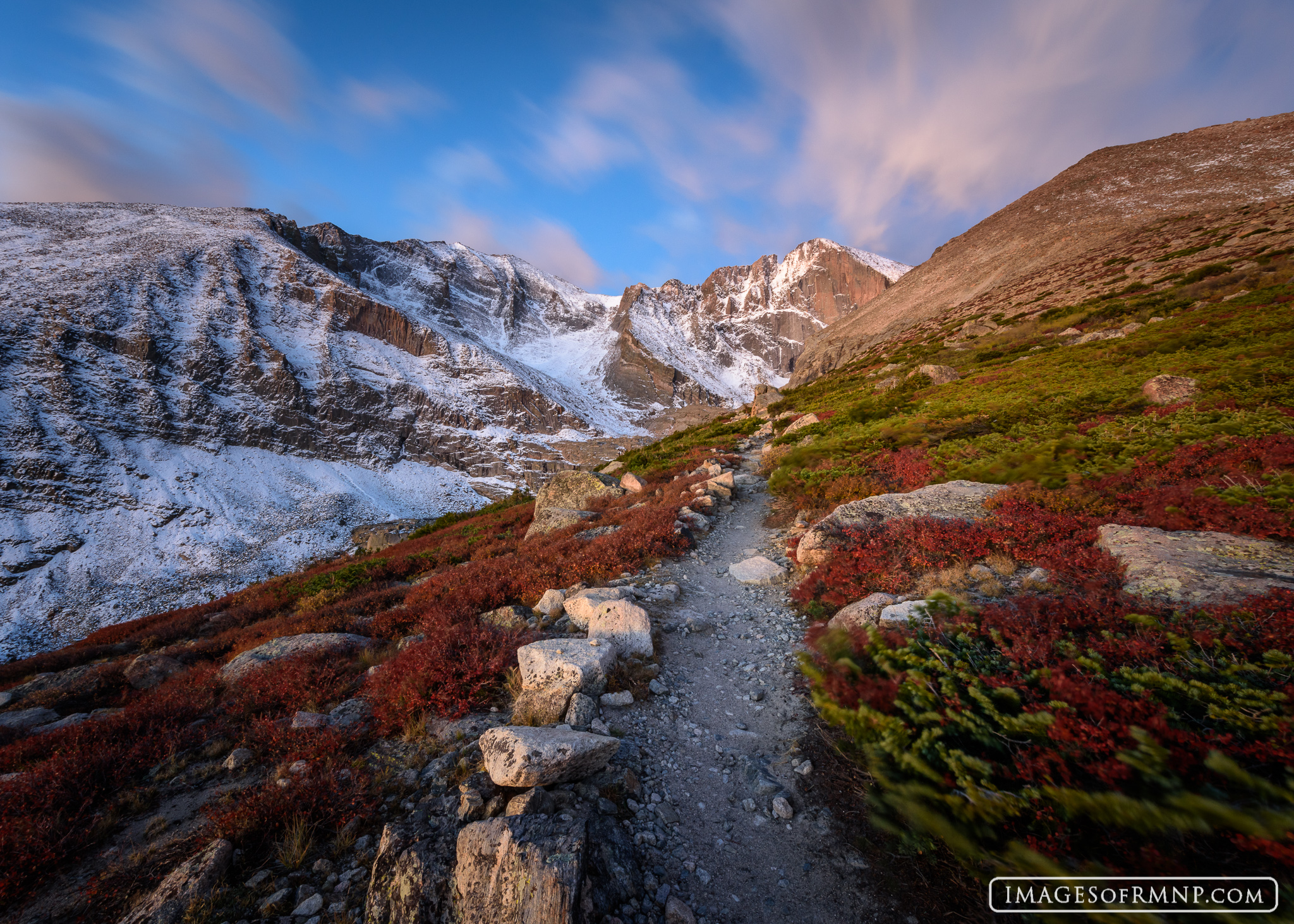 On a cool autumn morning the trail to Chasm Lake beckons the traveler onward.